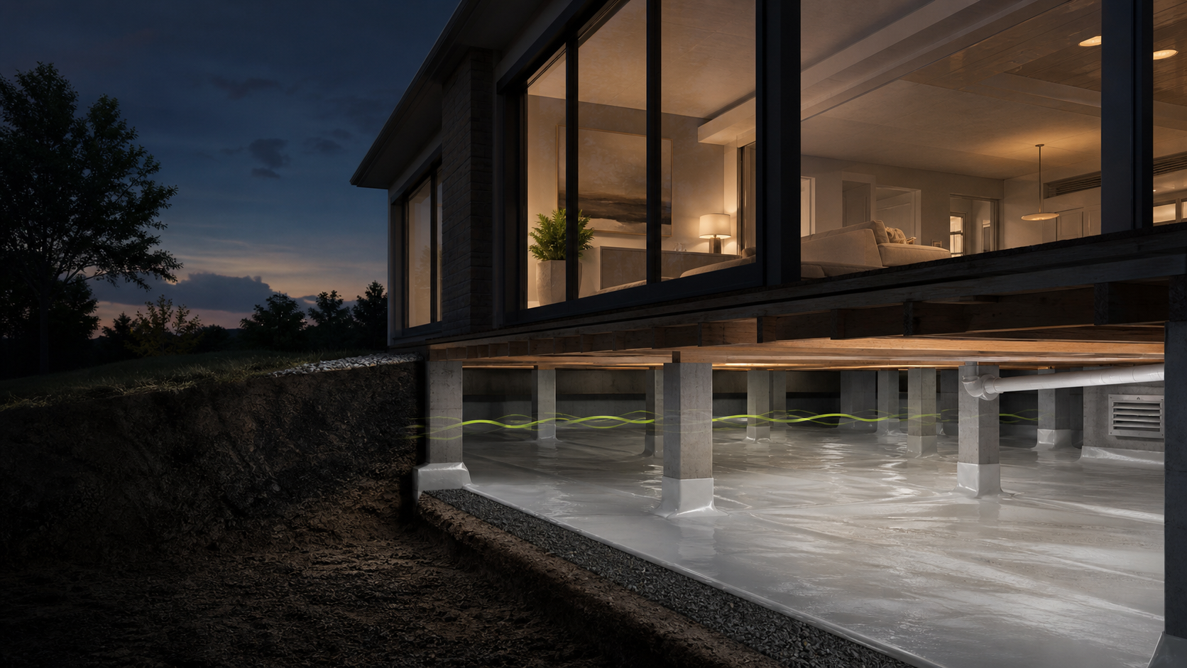 Illustrative crawl-space cutaway beneath a home
