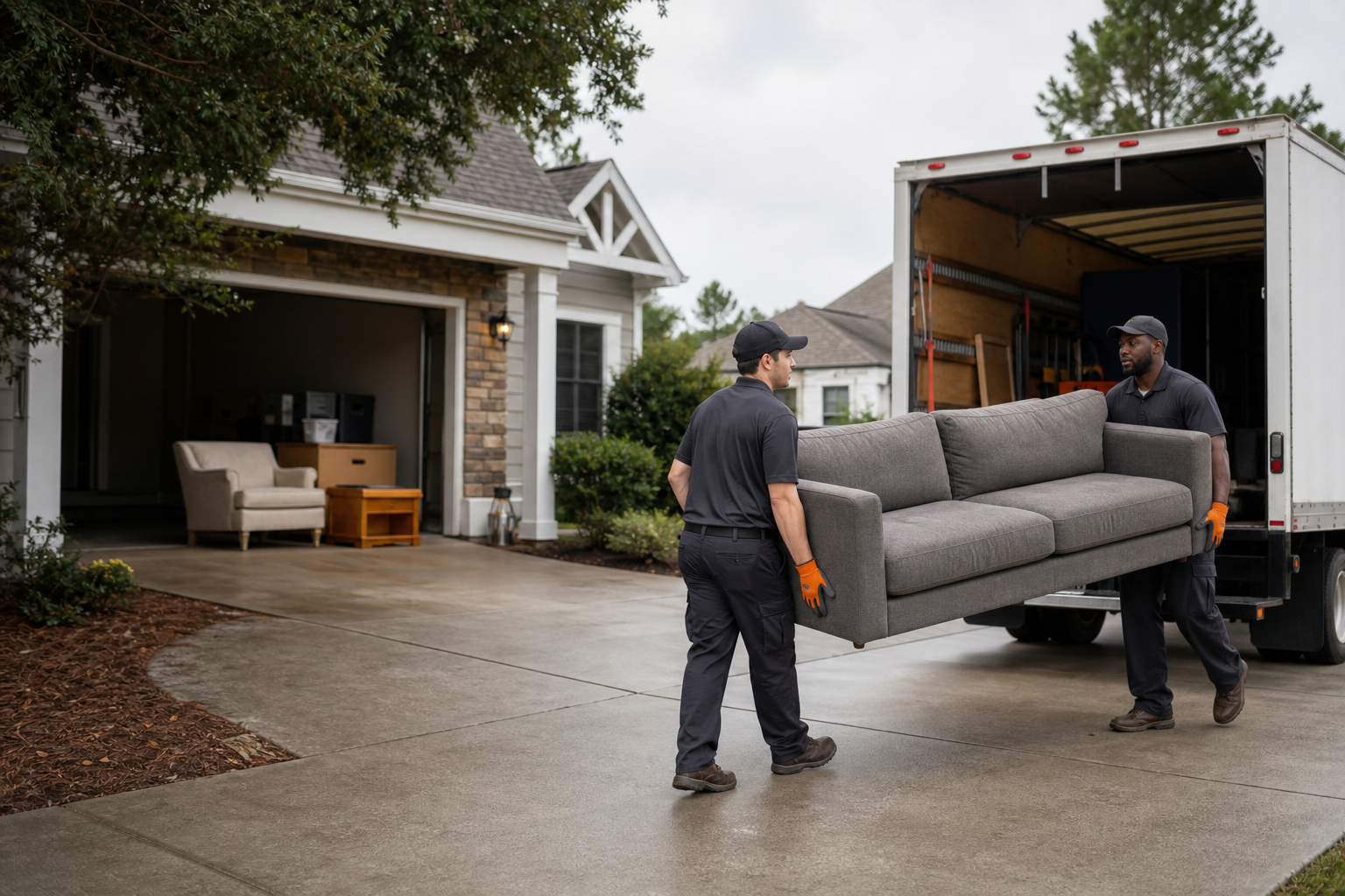 Illustrative junk-removal crew moving furniture