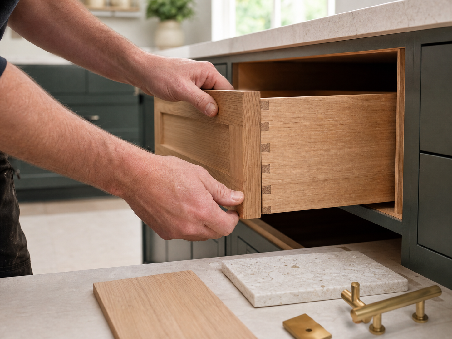 Illustrative image of a craftsperson fitting a dovetail cabinet drawer