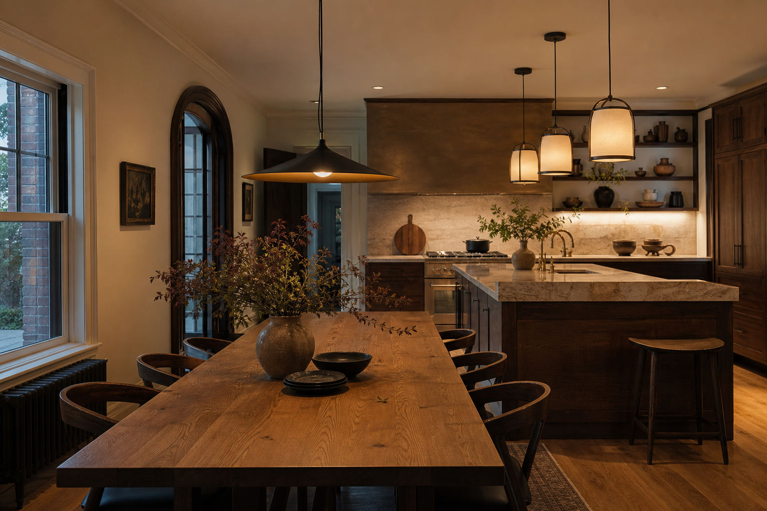Illustrative finished kitchen with a dining table connected to the island