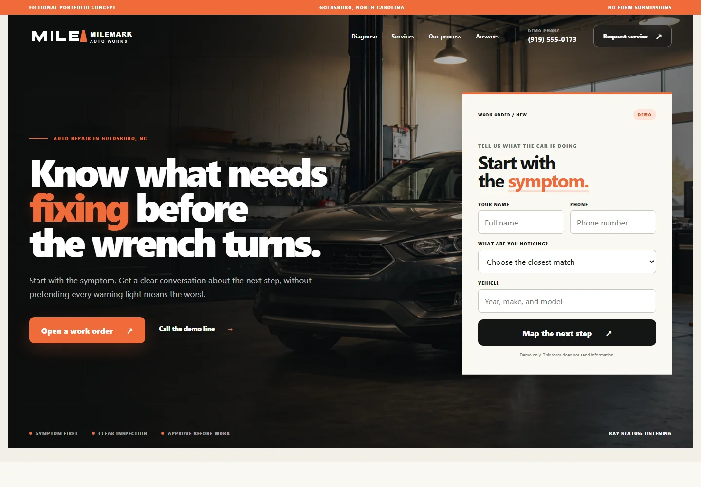 Homepage preview of the Milemark auto repair website concept