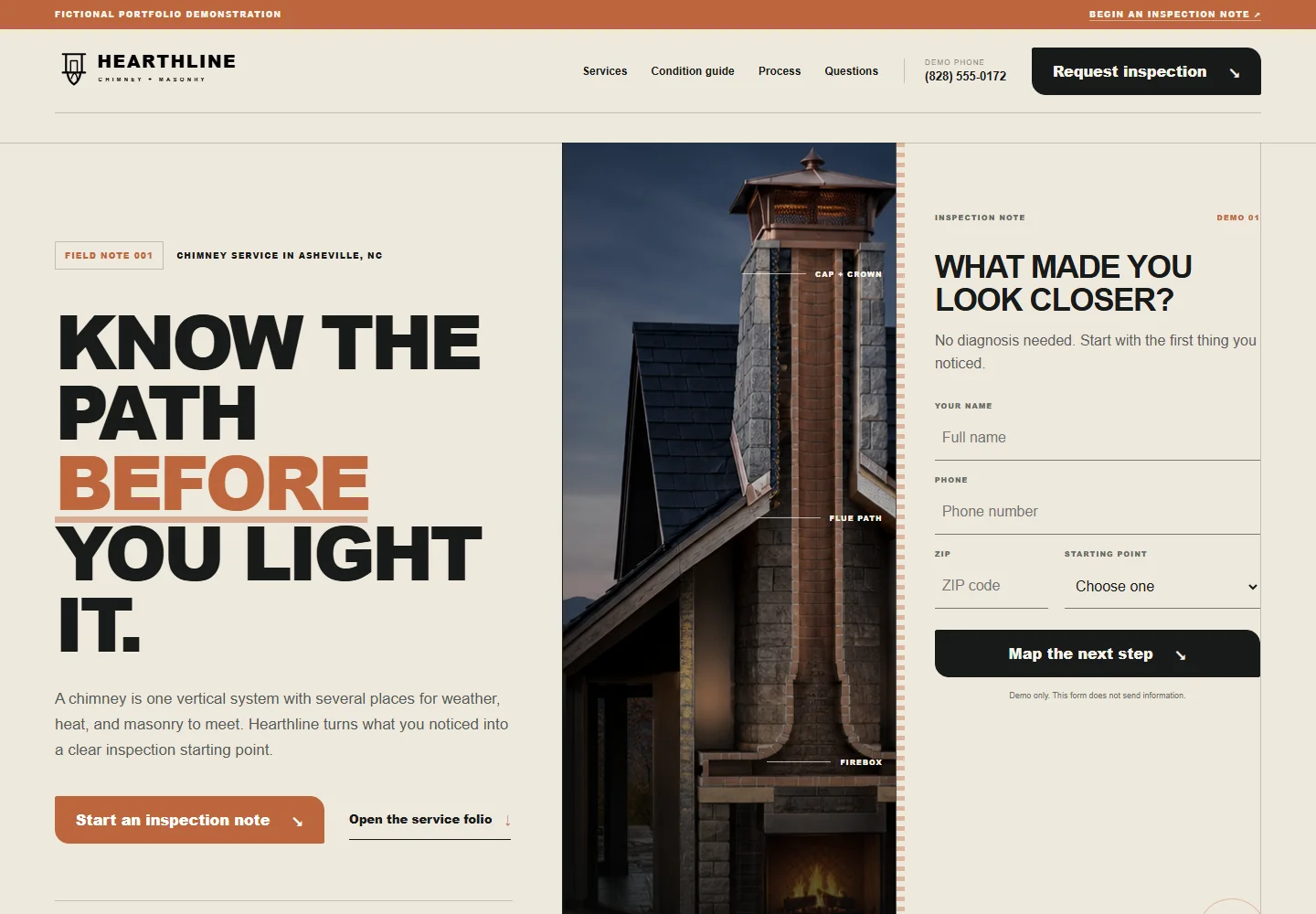 Homepage preview of the Hearthline chimney & masonry website concept