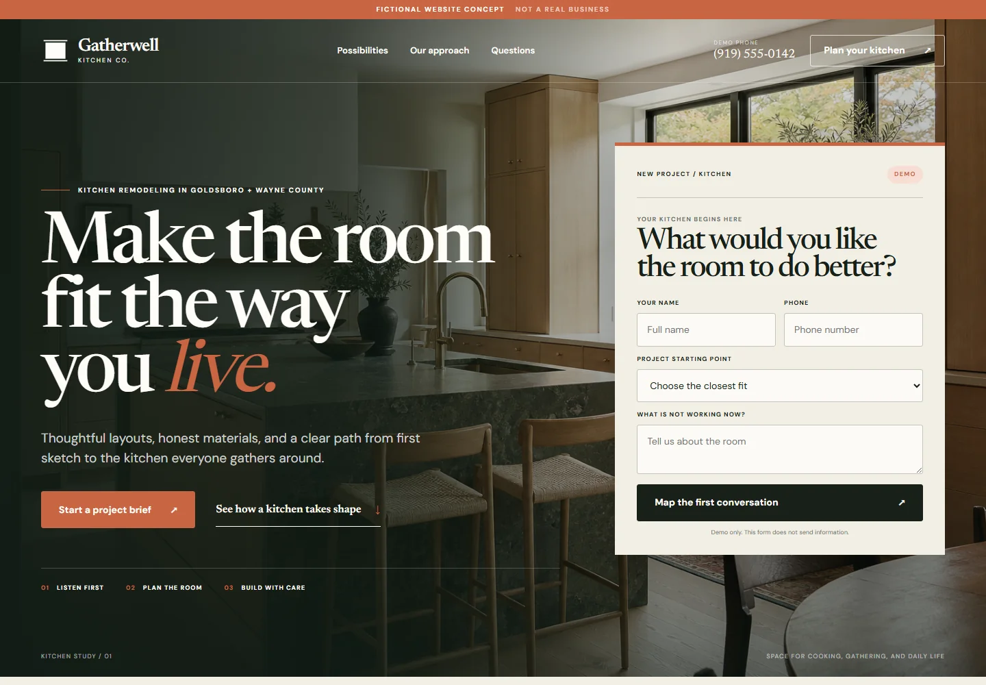 Homepage preview of the Gatherwell kitchen remodeling website concept