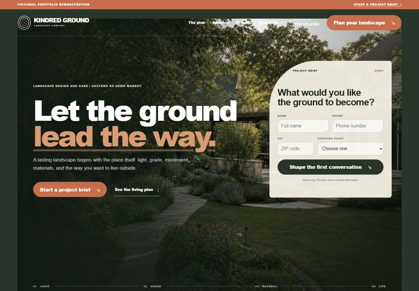 Homepage preview of the Kindred Ground landscape design website concept