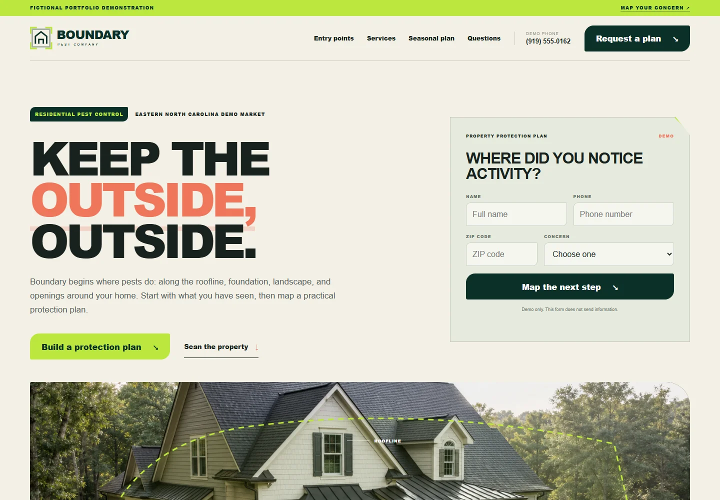 Homepage preview of the Boundary pest control website concept