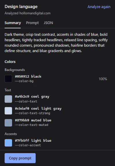 The extension's summary of that page: dark theme, blue accents, the page's color tokens, and its fonts