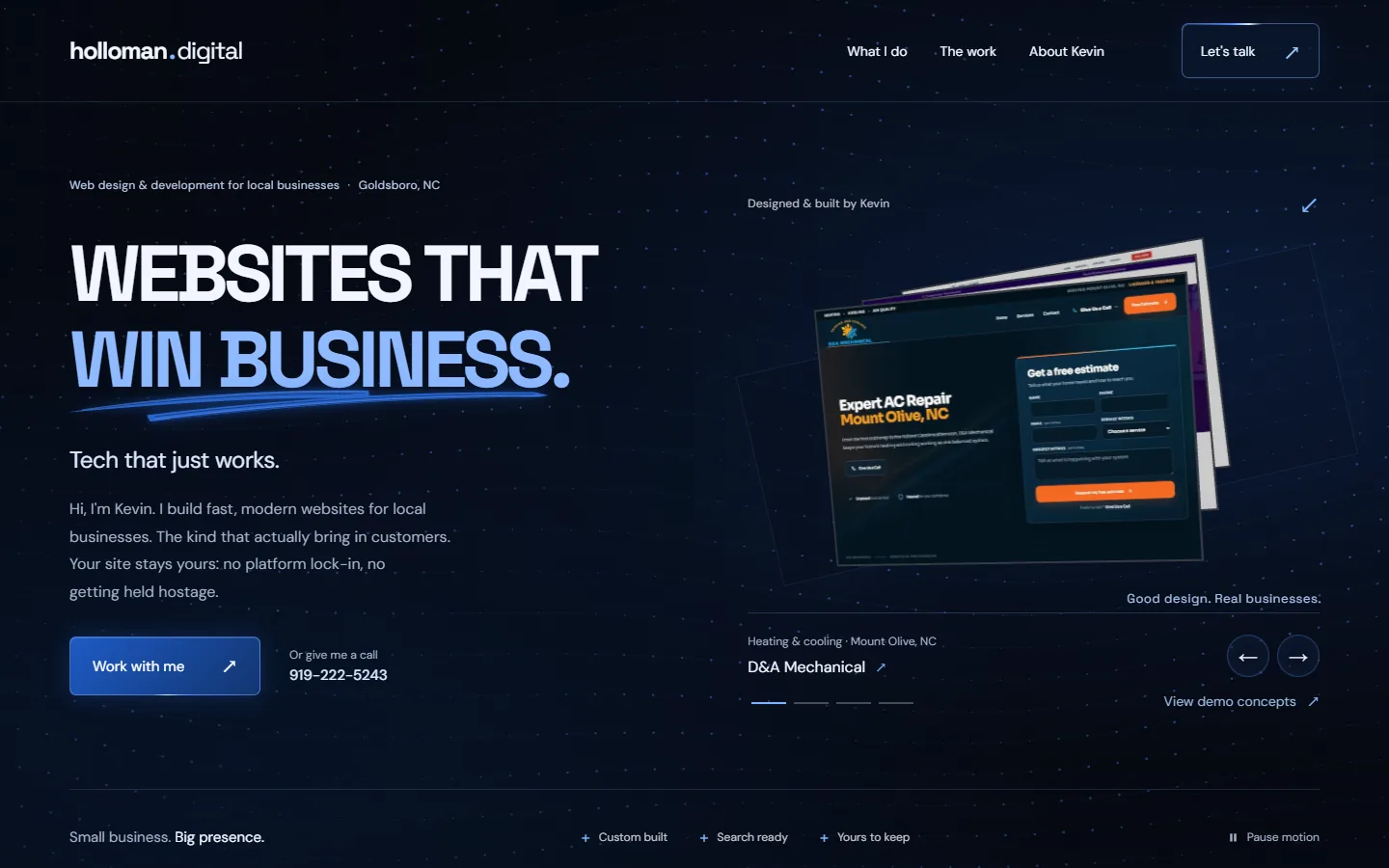 The Holloman Digital homepage: a dark navy site with blue accents and large Space Grotesk headlines