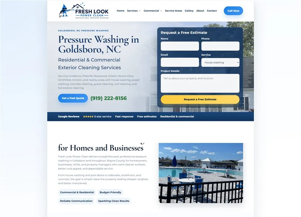 Web design for Fresh Look Power Clean, a Pikeville NC pressure washing company, designed and built by Holloman Digital