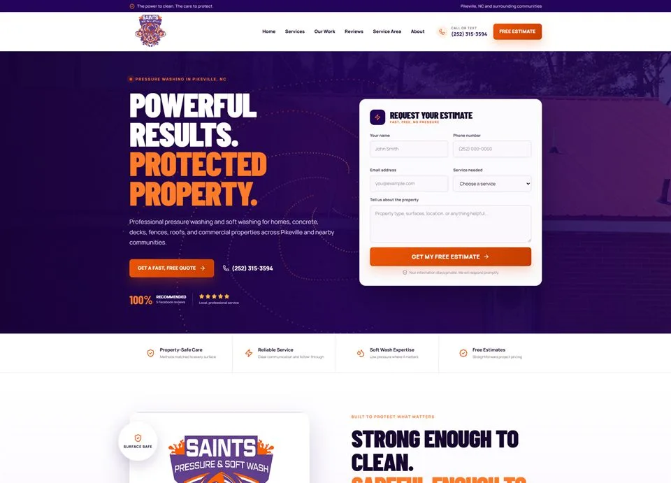 Web design for Saints Pressure and Soft Wash, a Pikeville NC pressure washing company, designed and built by Holloman Digital