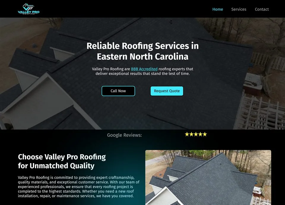 Web design for Valley Pro Roofing, a Goldsboro NC roofing company, designed and built by Holloman Digital