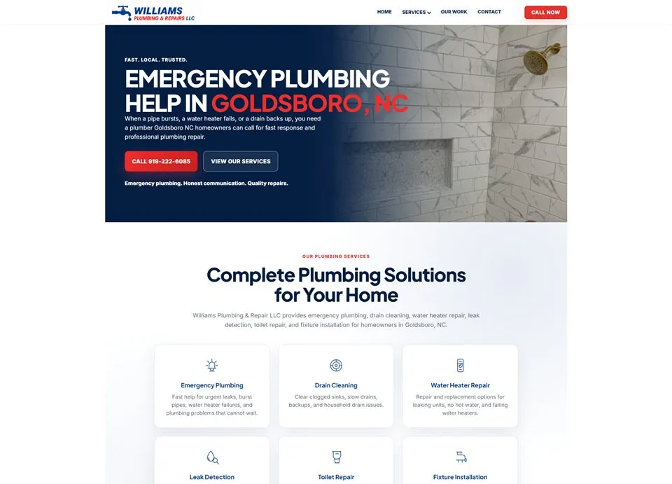 Web design for Williams Plumbing & Repair, a Goldsboro NC plumbing company, designed and built by Holloman Digital