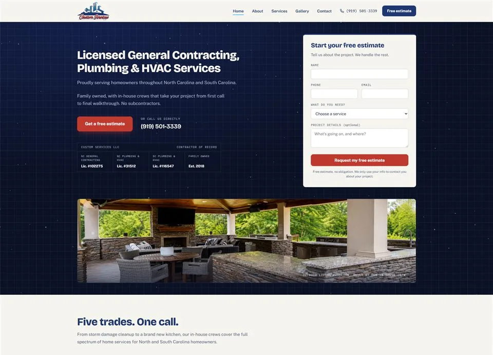 Custom Services NC website in Goldsboro, designed and built by Holloman Digital